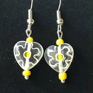 Vintage Murano Millefiori Heart Glass Earrings Bead Yellow White Silver Plated